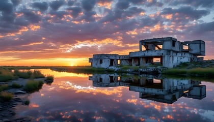 Sunset Reflection of Abandoned House in River with Geometric Architecture and Symmetrical Design Under Cloudy Sky