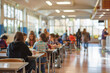 © Babb - A group of people are sitting at tables in a school cafeteria