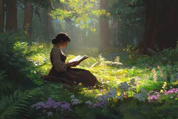 Canvas Print - Frau liest ein Buch im Wald