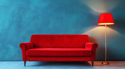 sofa on blue  background , modern living room interior , red sofa with lamp in the room