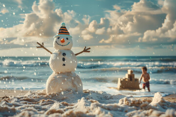 Poster - A snowman is standing on the beach with a hat on his head