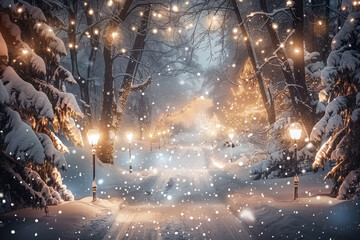 Poster - A snowy path with lights on the trees and a Christmas tree in the background