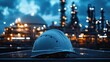 © Pricha.RT - A close-up of a safety helmet against the backdrop of an oil refinery and gas storage tank at night, with glowing lights and an industrial atmosphere.
