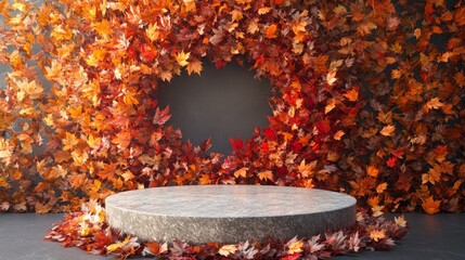 Poster - Colorful autumn leaves in shades of red, orange, and yellow surround a circular stone platform in a warm indoor space