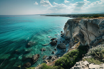 Wall Mural - A beautiful blue ocean with a rocky shoreline