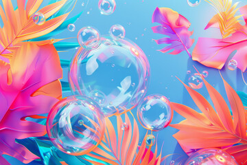 Canvas Print - A colorful background with many bubbles and a few leaves