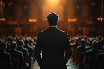 Poster - A business leader giving a motivational speech, inspiring their team to keep going. Concept of leadership and vision guiding the path to success.