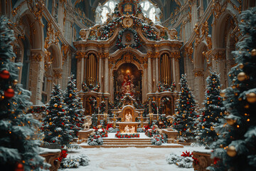 Canvas Print - A Baroque-era church decorated with elaborate nativity scenes and filled with the sound of an organ playing Christmas hymns. Concept of Christmas in the Baroque period.