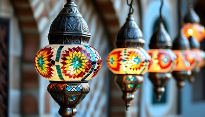 Colorful Turkish Lanterns Adorned with Intricate Mosaic Patterns