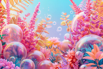 Canvas Print - A colorful underwater scene with pink and yellow flowers and bubbles