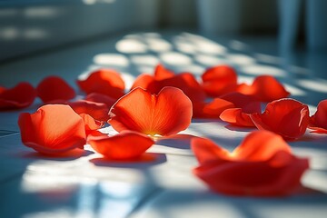 Wall Mural - Red rose petals scattered on the floor in sunlight