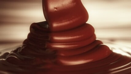 Poster - Super Slow Motion of Pouring Hot Melted Chocolate, Filmed on High Speed Cinema Camera, 1000 fps. Camera in Motion. Extreme Macro Shot.