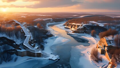 Wall Mural - Stunning Aerial Winter Landscape at Golden Hour Featuring Geometric Staircases and a Serene Frozen River