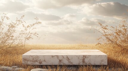 Fototapete - The marble platform rests in a tranquil grassy field, surrounded by wispy plants, as soft clouds drift overhead during a golden hour, creating a peaceful atmosphere that invites reflection.