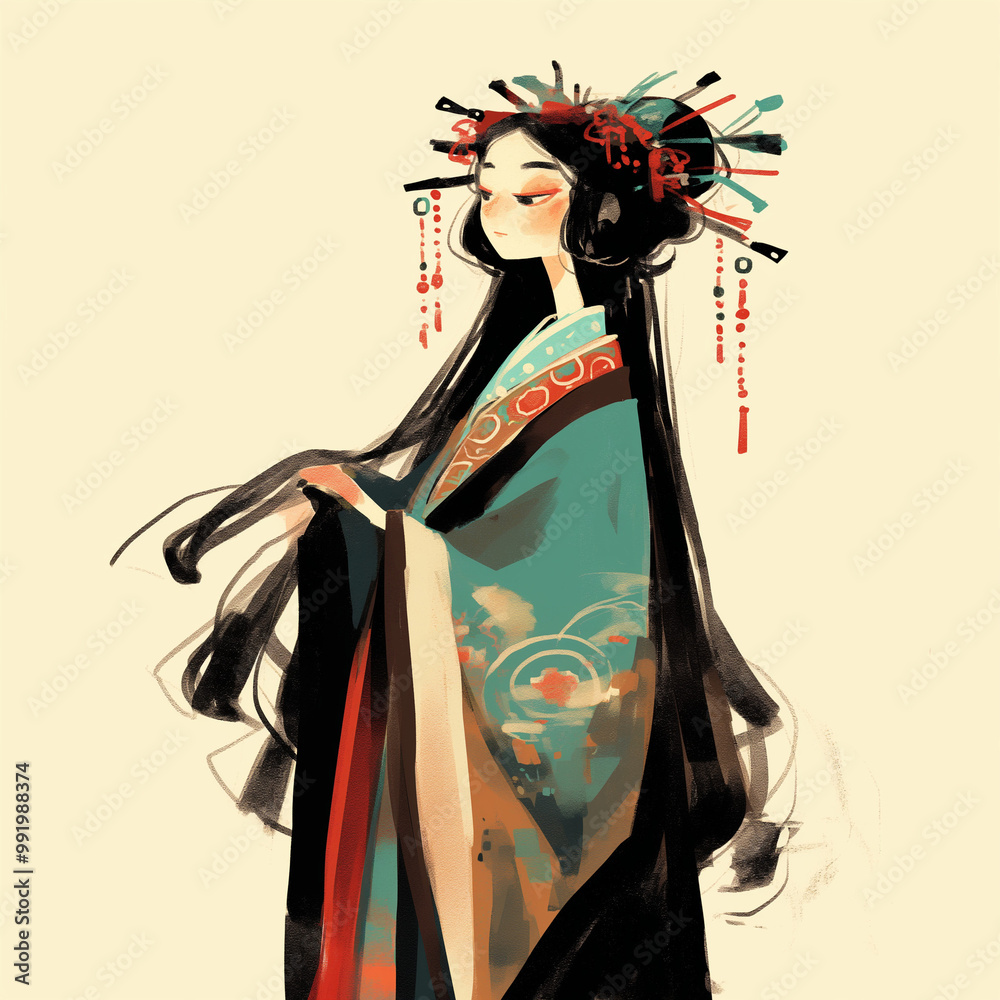 和服の女性。花魁。 Stock Illustration | Adobe Stock