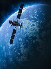 Wall Mural - satellite in space, and blue planet with ice, 3d illustration