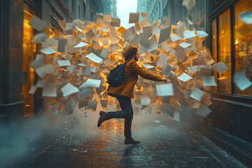 Poster - a worker late for a meeting, running and dropping papers everywhere. concept of professional setback