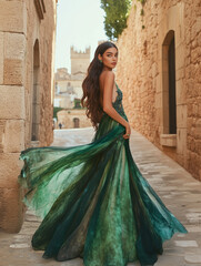 Woman Exiting Carriage at Castle