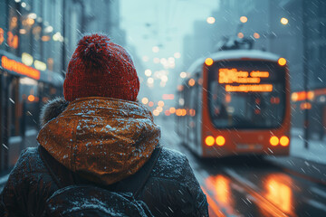 Canvas Print - A person missing the bus by just a few seconds, looking upset as it drives away. Concept of transportation issues and bad timing.