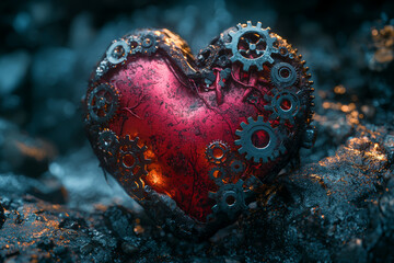 Poster - a heart being pumped by gears and cogs instead of veins, symbolizing the mechanization of human emot