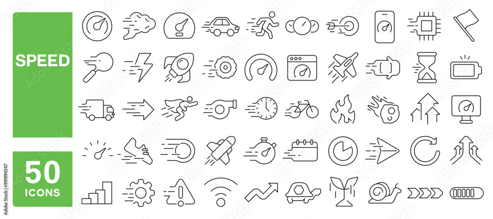 Code Icon Moving Fast Set of 50 line icons related to speed, fast, move, turbo, express ...