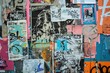 © Aleksander - A vibrant collage of posters and graffiti on a wall, featuring various colors and artistic styles. The wall is covered with layers of torn paper, drawings, and spray paint.