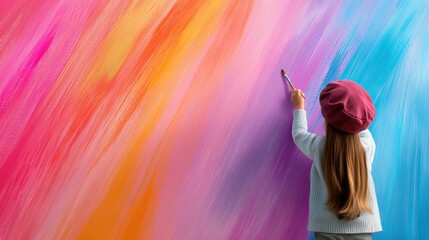 Sticker - A little girl painting a colorful mural on the wall, AI