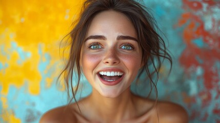 Smiling young woman with freckles.