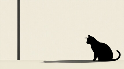 Canvas Print - A black cat sitting on a white wall with the shadow of another animal, AI