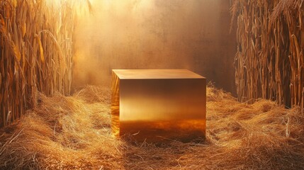 Poster - A luminous golden cube is positioned in the center of a cornfield, surrounded by straw. The evening light casts a warm glow, creating an intriguing atmosphere as dusk settles around the scene.
