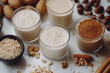 A row of jars with different colored liquids and nuts on a white background, generative ai image