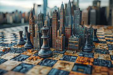Aufkleber - a chessboard where the pieces are shaped like skyscrapers and factories, symbolizing the power strug