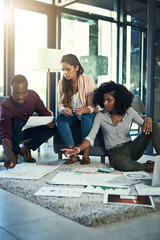 Poster - Creative people, office and meeting with paperwork at work for sales plan, strategy and teamwork. Employees, conversation and paper with graphs on floor for kpi feedback, analysis and solution