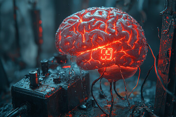 Sticker - A brain being connected to a battery, with the charge indicator slowly draining. Concept of mental exhaustion and burnout.