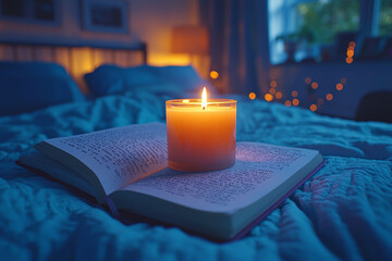 Sticker - An open journal with a motivational quote and a lit candle on a bedside table, setting a positive tone for sleep. Concept of pre-sleep inspiration.