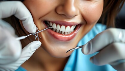 Wall Mural - Transforming a Smile: Closeup of a Young Caucasian Woman Inserting a Dental Aligner for Perfectly Aligned Teeth