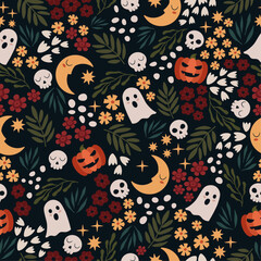 Hand drawn seamless halloween pattern with cute elements in flat style. Botanical and spooky backdrop with leaves, flowers, pumpkins, moon, skulls and ghosts. Vector doodle print for textile or paper