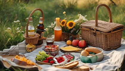 Charming summer picnic under a shady tree with delicious sandwiches, fresh fruit, refreshing lemonade, and fun outdoor games like frisbee and badminton