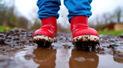 Wall Mural - A person wearing red rubber boots standing in a muddy puddle, AI