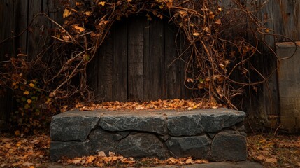 Poster - A stone bench rests beneath an arch of vines, adorned with fallen autumn leaves. The rustic wooden fence in the background adds to the serene atmosphere, capturing the essence of fall.