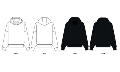 Poster - Technical drawing of a long sleeve sports sweatshirt, vector. Flat sketch of a basic hoodie, front and back view. Template of a fashionable hooded jacket, white and black colors.