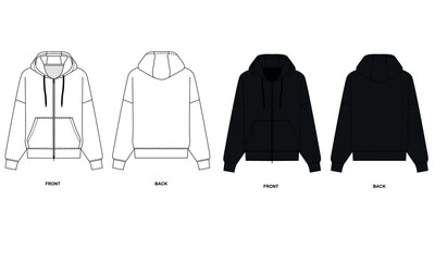 Poster - Flat vector sketch of basic hoodie with zipper, front and back view. Fashionable hooded jacket template, vector. Technical drawing of sports sweatshirt with pockets, black and white color. 