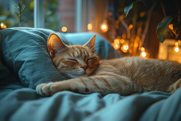 Poster - A peaceful bedroom with a sleeping cat curled up on a pillow, suggesting a calm and serene sleep environment. Concept of restful sleep.