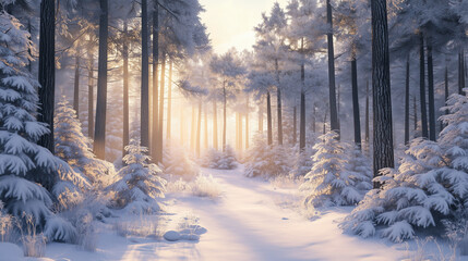 Wall Mural - a serene, snow-covered pine forest at dawn, with soft light filtering through frosty trees, creating