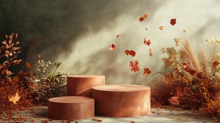 Poster - Three round pedestals stand on a floor covered in fallen leaves. There are dried flowers and leaves on the ground