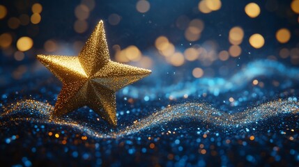 Wall Mural - golden star ornament on shimmering blue surface with glitter and bokeh lights, creating a magical an