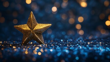 Wall Mural - golden star ornament on shimmering blue surface with bokeh lights in the background, creating a magi