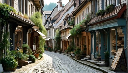 Wall Mural - Charming cobblestone road winding through a picturesque village with quaint shops and European-style architecture under a serene sky