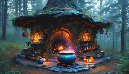 Enigmatic witchs cottage surrounded by a mystical forest, featuring a cauldron overflowing with magical potions and an air of enchanting mystery