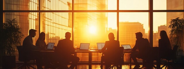 A group of business people having an office meeting, sitting around coffee tables with laptops and documents on them The light is warm and golden from the sunlight coming through Generative AI